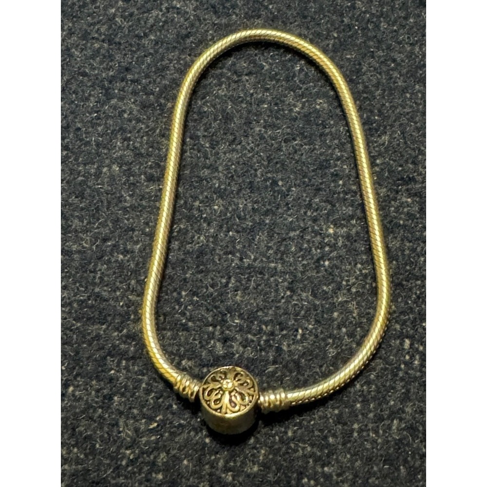Longway Gold Tone Snake Chain Bracelet 15g Round Floral Filigree Clasp 7.5in